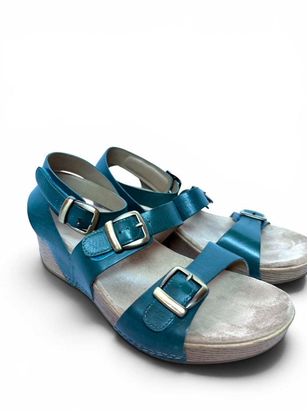 Dansko Teal Leather Wedge Sandals Size EU 41 US 10.5 Adjustable Buckle Comfort